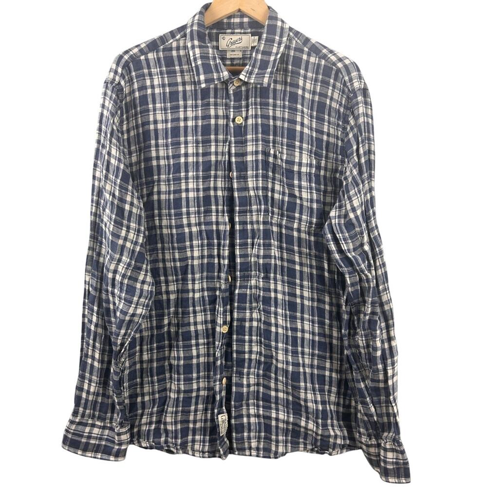 Grayers Clothiers‎ Linen Plaid Button Down Shirt Men’s Large Blue White